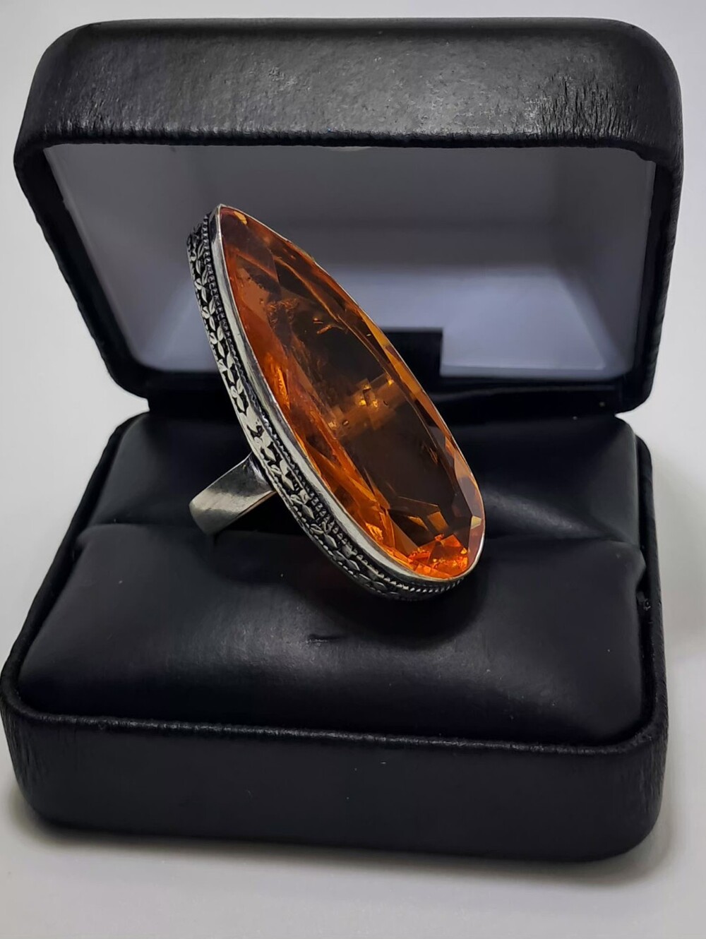 925 Sterling Silver Mandarin Citrine Teardrop Gemstone Ring Size 8.5